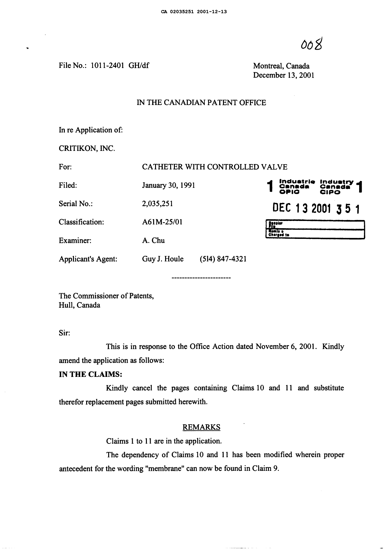 Canadian Patent Document 2035251. Prosecution-Amendment 20001213. Image 1 of 4