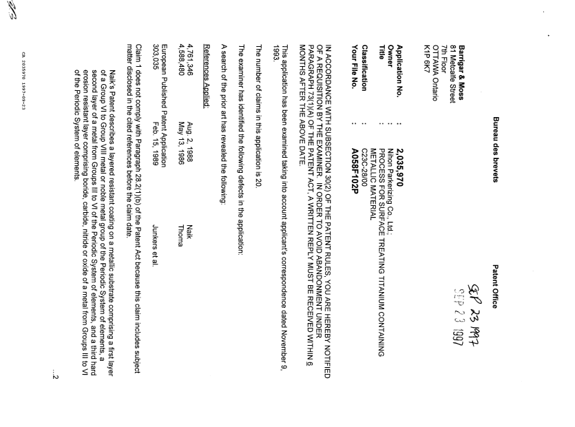 Document de brevet canadien 2035970. Demande d'examen 19970923. Image 1 de 3
