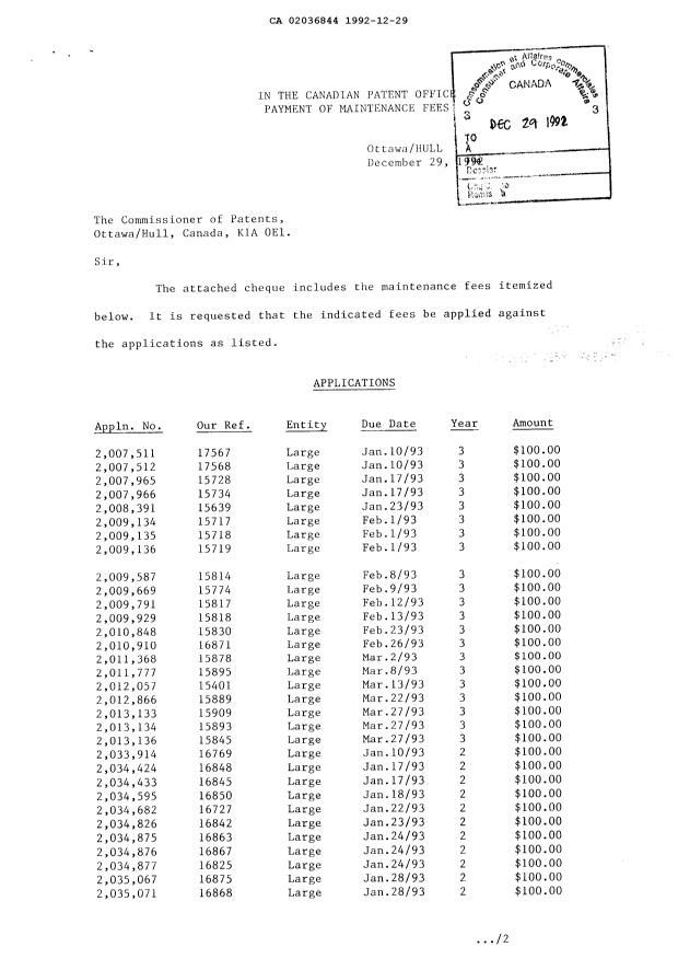 Document de brevet canadien 2036844. Taxes 19921229. Image 1 de 2
