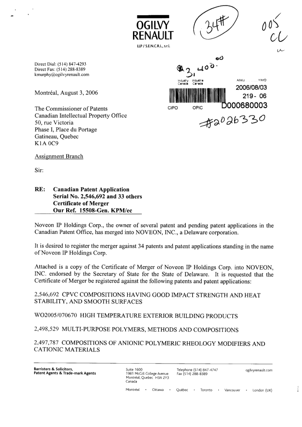 Document de brevet canadien 2037130. Cession 20060803. Image 1 de 6