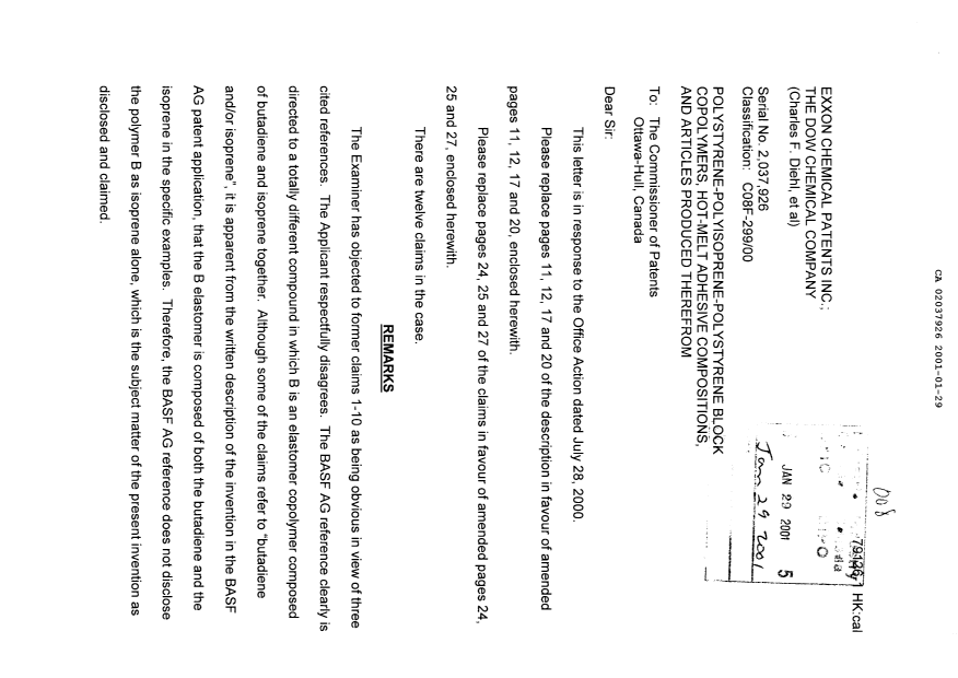 Canadian Patent Document 2037926. Prosecution-Amendment 20010129. Image 1 of 12