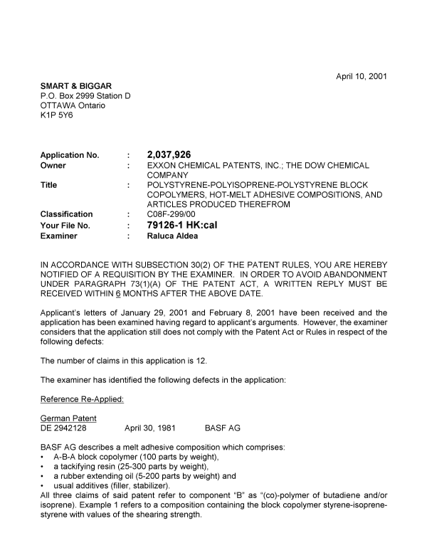 Canadian Patent Document 2037926. Prosecution-Amendment 20010410. Image 1 of 3