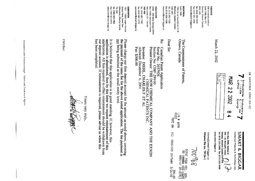 Canadian Patent Document 2037926. Correspondence 20020322. Image 1 of 1