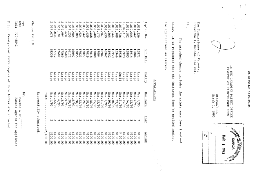 Document de brevet canadien 2038448. Taxes 19921201. Image 1 de 1