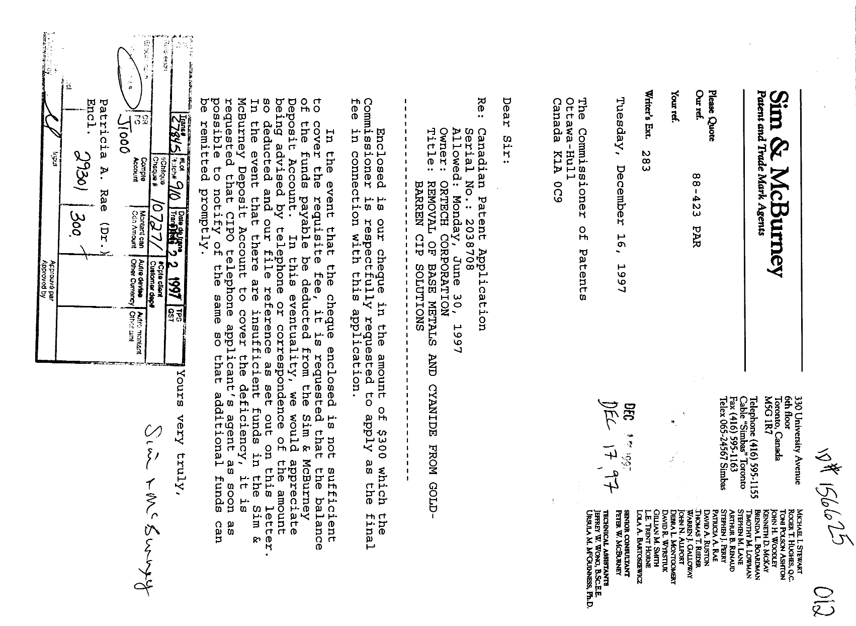 Document de brevet canadien 2038708. Correspondance 19961217. Image 1 de 1