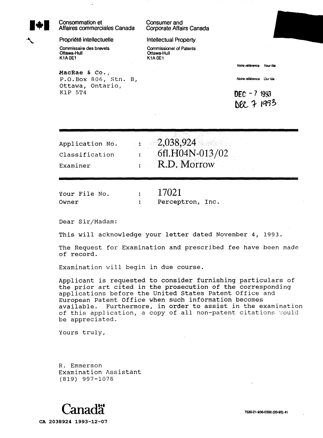 Document de brevet canadien 2038924. Lettre du bureau 19931207. Image 1 de 1