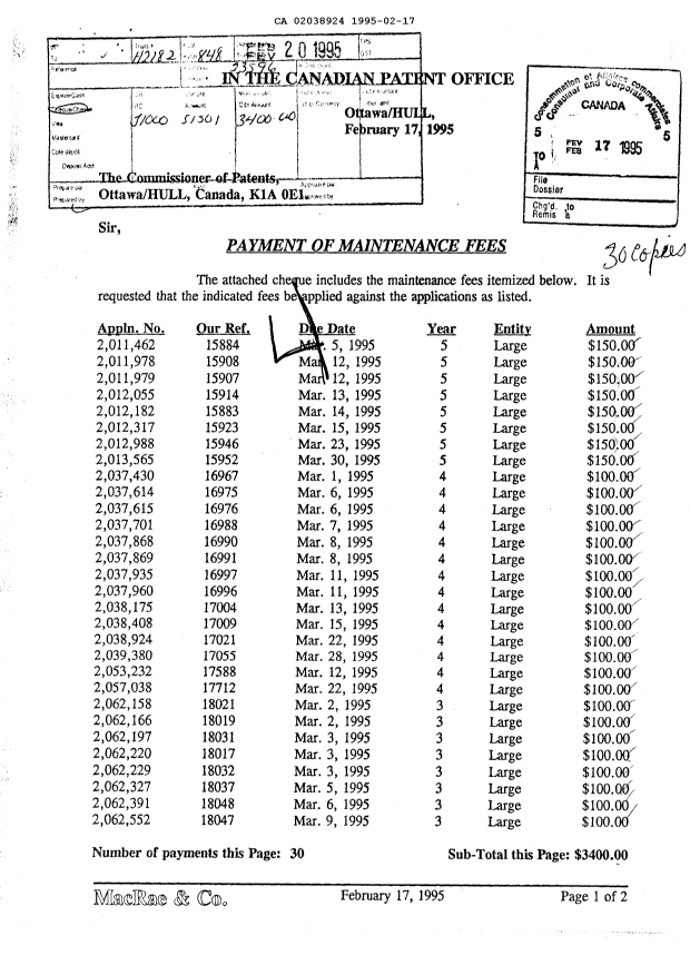 Document de brevet canadien 2038924. Taxes 19950217. Image 1 de 1