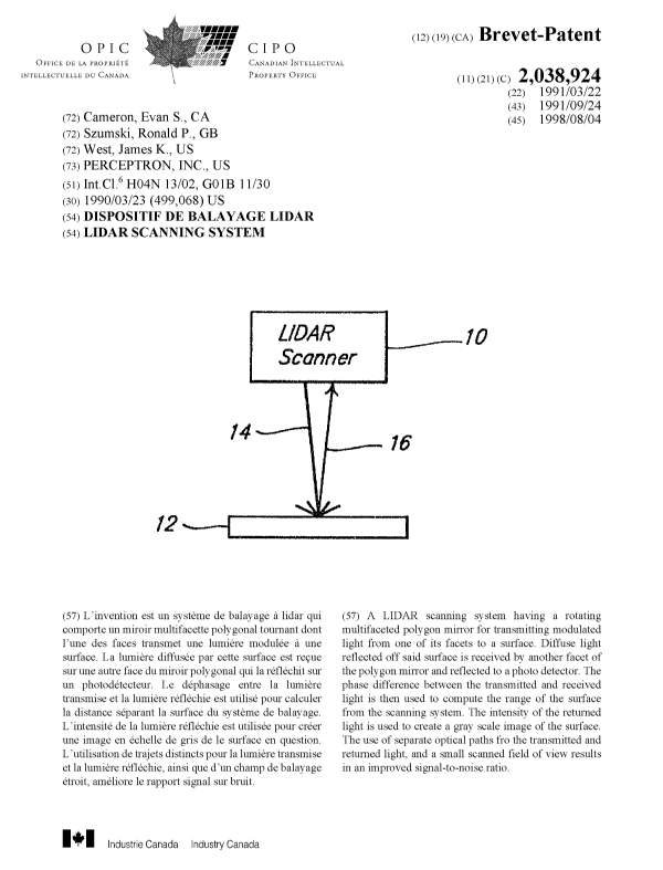 Document de brevet canadien 2038924. Page couverture 19980721. Image 1 de 1