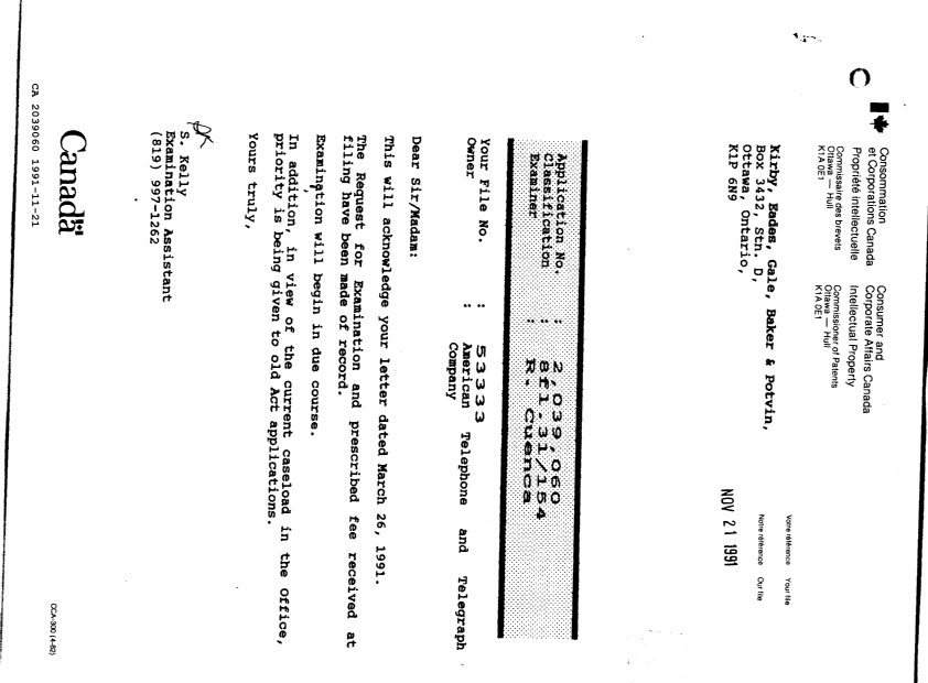 Document de brevet canadien 2039060. Lettre du bureau 19911121. Image 1 de 1