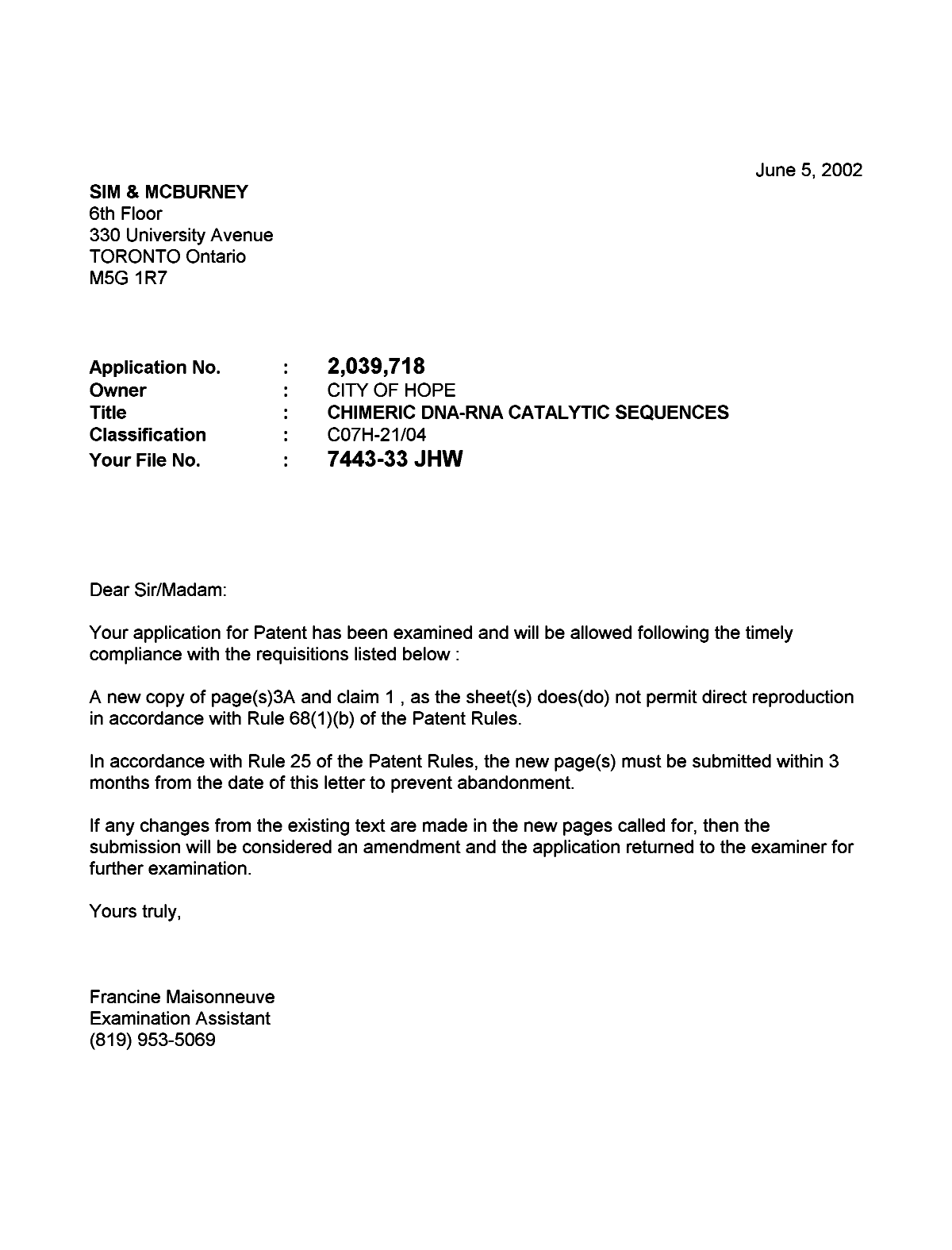 Document de brevet canadien 2039718. Correspondance 20020605. Image 1 de 1
