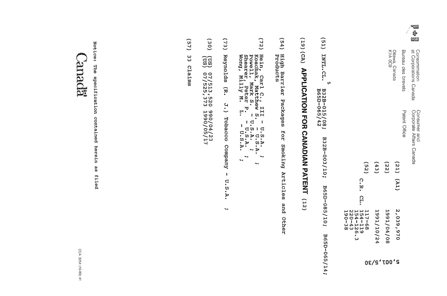 Document de brevet canadien 2039970. Page couverture 19931016. Image 1 de 1
