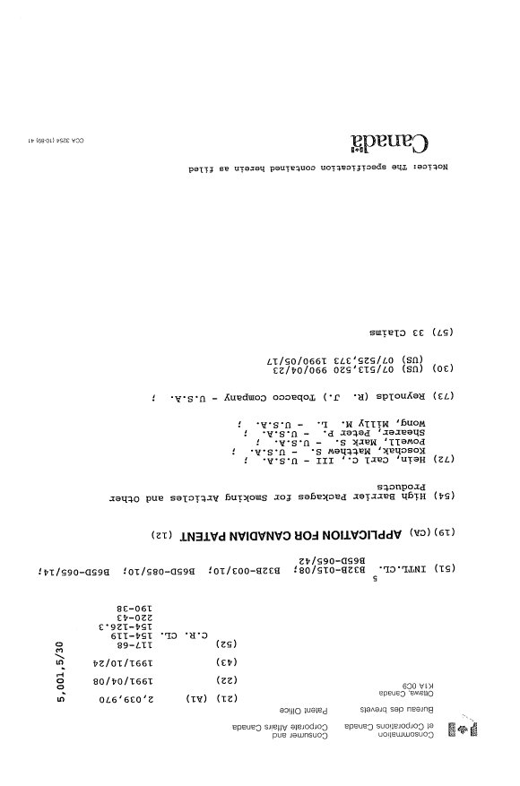 Canadian Patent Document 2039970. Cover Page 19940302. Image 1 of 1