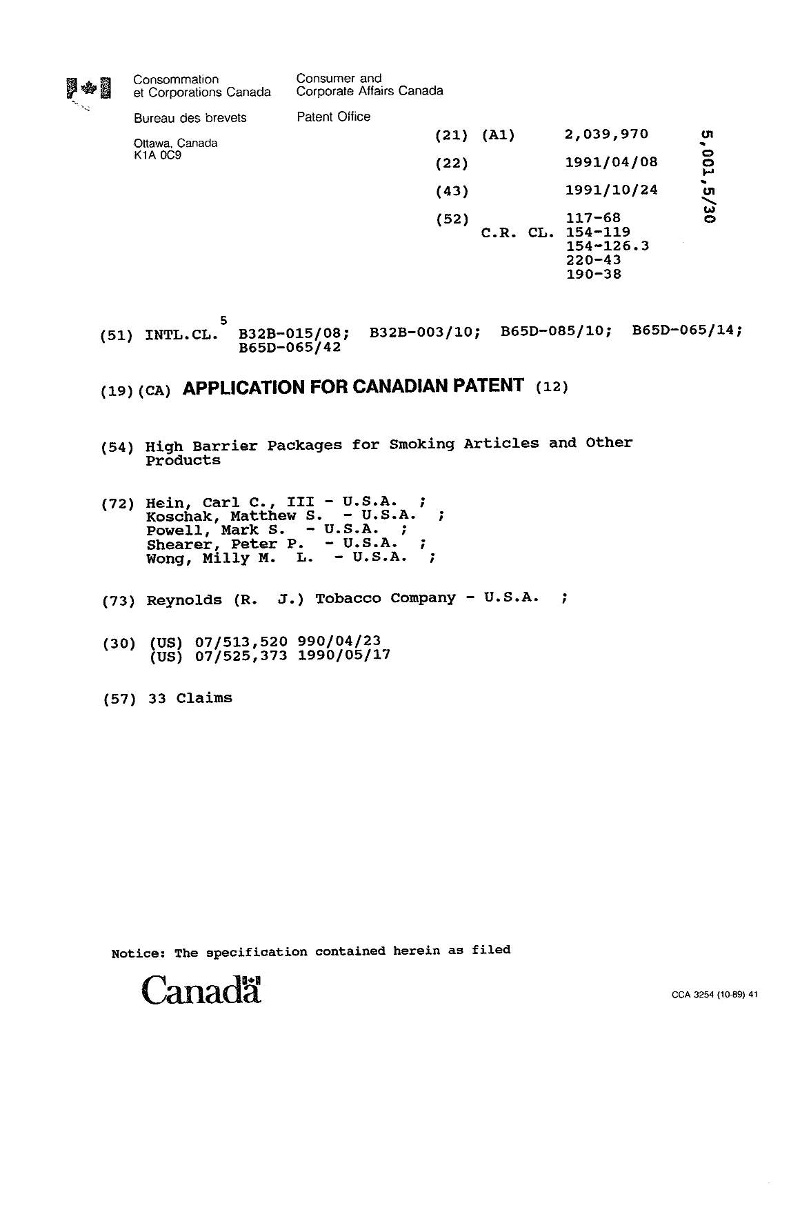 Document de brevet canadien 2039970. Page couverture 19940302. Image 1 de 1