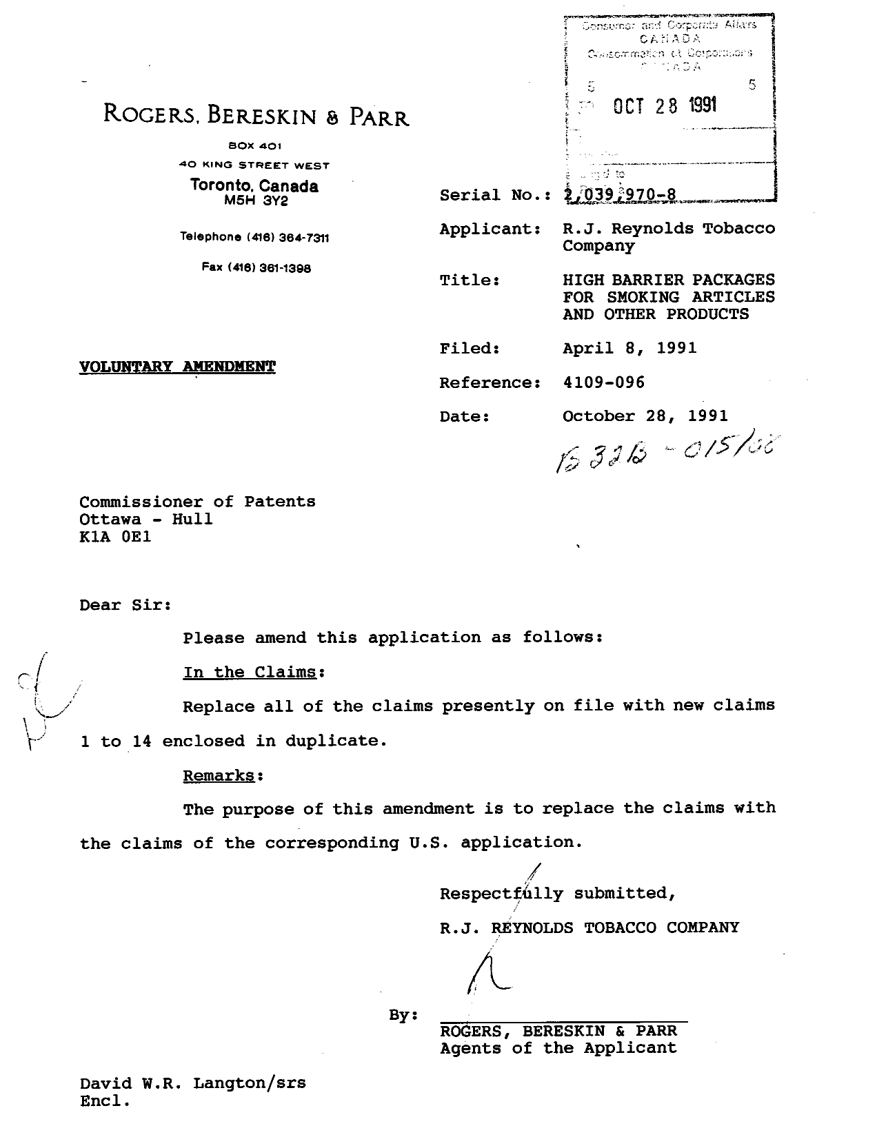 Document de brevet canadien 2039970. Poursuite-Amendment 19940311. Image 1 de 7