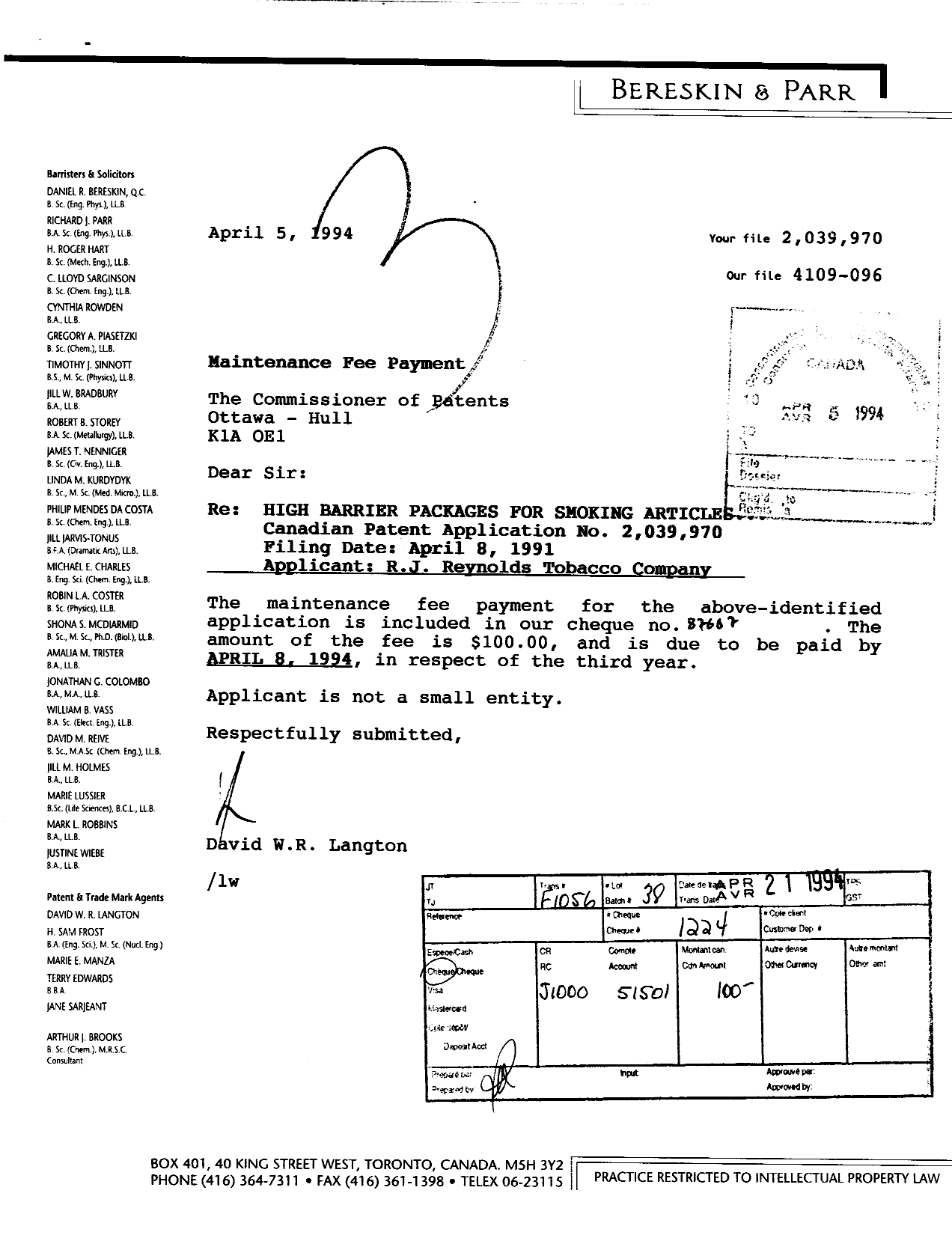 Document de brevet canadien 2039970. Taxes 19940405. Image 1 de 1