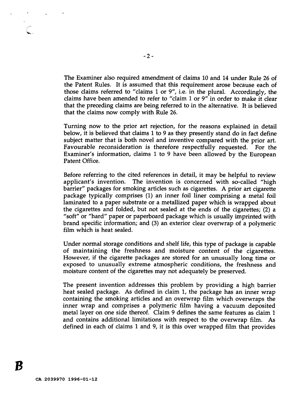 Canadian Patent Document 2039970. Prosecution Correspondence 19960112. Image 2 of 5