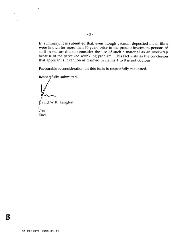 Canadian Patent Document 2039970. Prosecution Correspondence 19960112. Image 5 of 5