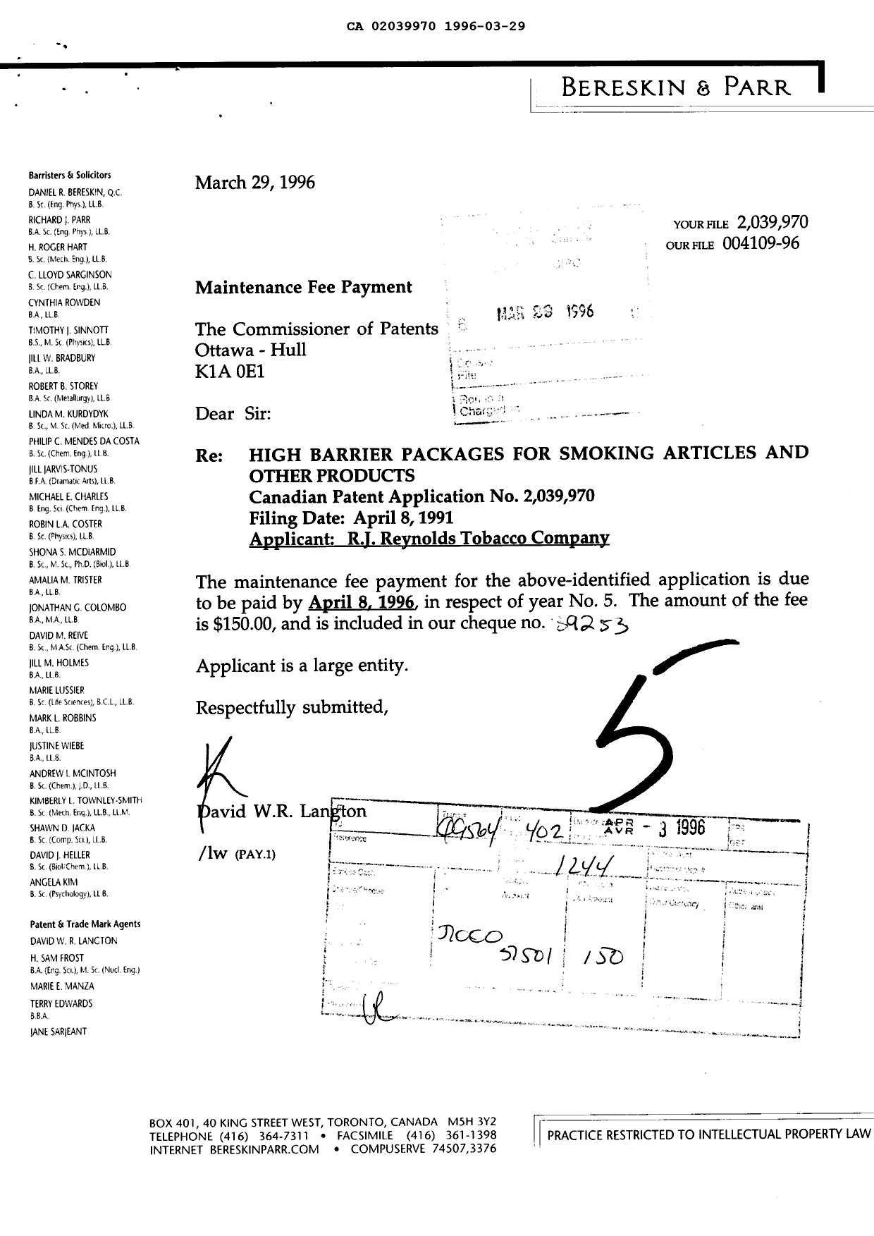 Document de brevet canadien 2039970. Taxes 19960329. Image 1 de 1