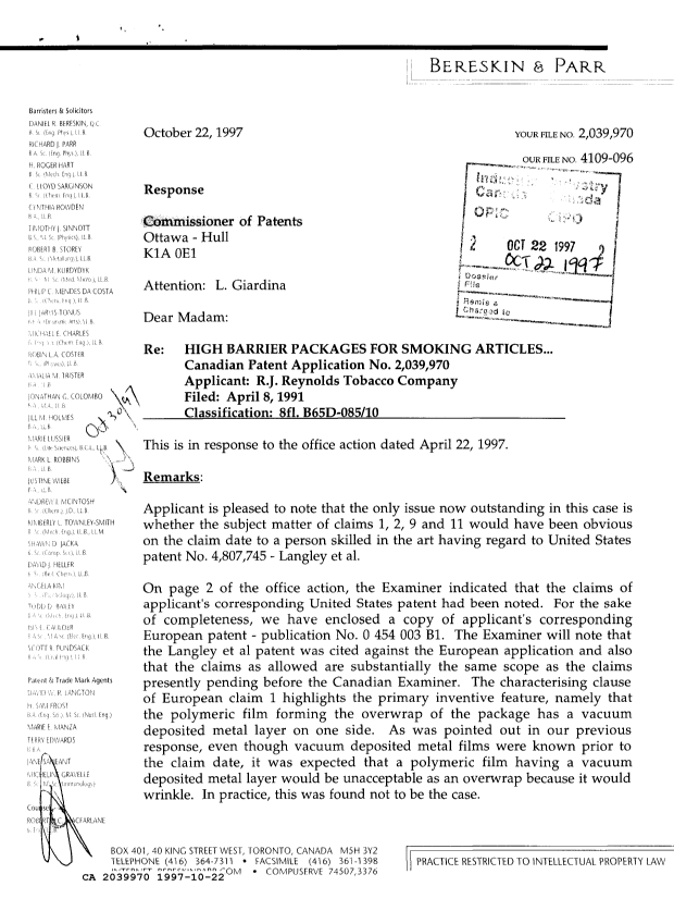 Canadian Patent Document 2039970. Prosecution Correspondence 19971022. Image 1 of 2