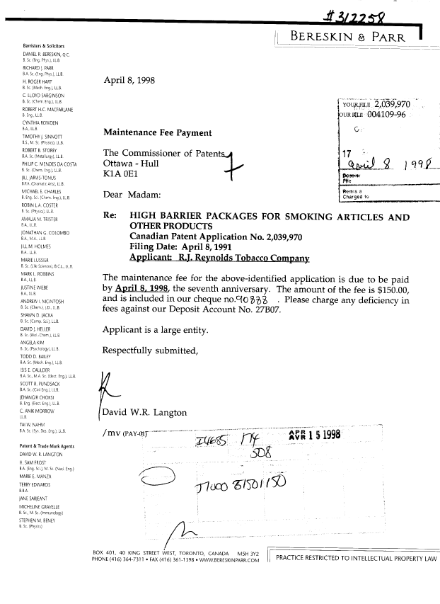 Document de brevet canadien 2039970. Taxes 19980408. Image 1 de 1