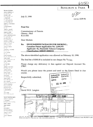Document de brevet canadien 2039970. Correspondance 19980721. Image 1 de 1