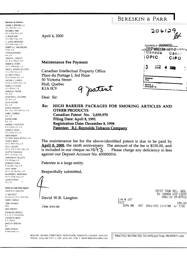 Document de brevet canadien 2039970. Taxes 20000404. Image 1 de 1