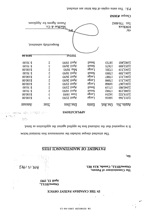 Canadian Patent Document 2040158. Fees 19930413. Image 1 of 1