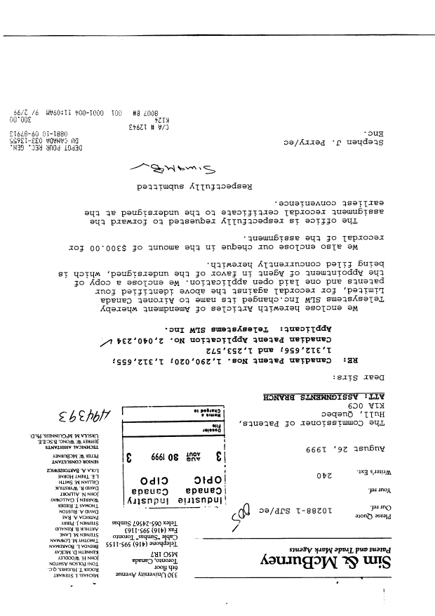 Canadian Patent Document 2040234. Assignment 19990830. Image 1 of 5