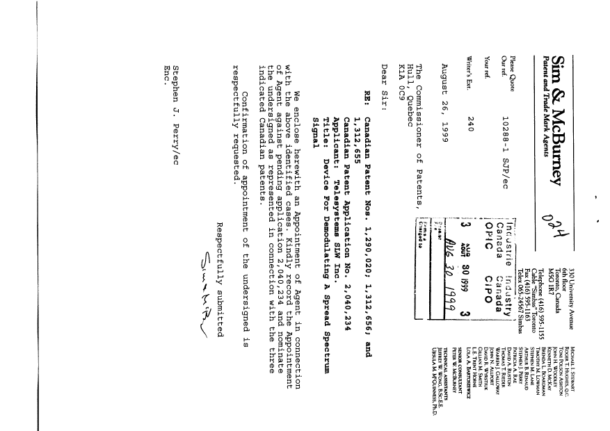 Document de brevet canadien 2040234. Correspondance 19990830. Image 1 de 3