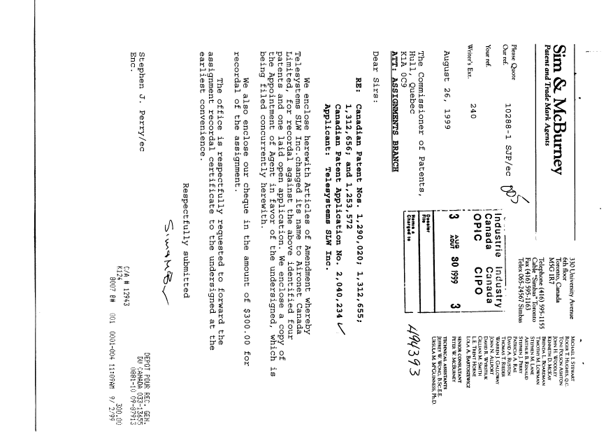 Document de brevet canadien 2040234. Cession 19990830. Image 1 de 5