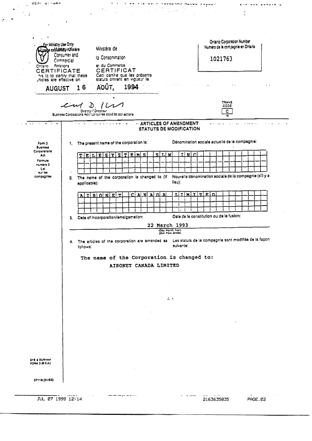 Document de brevet canadien 2040234. Cession 19990830. Image 2 de 5