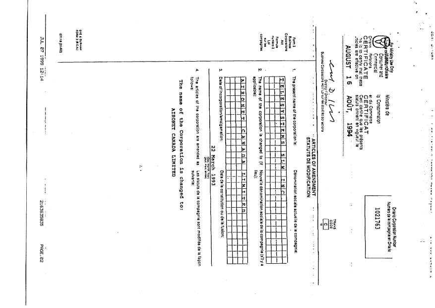 Canadian Patent Document 2040234. Assignment 19990830. Image 2 of 5