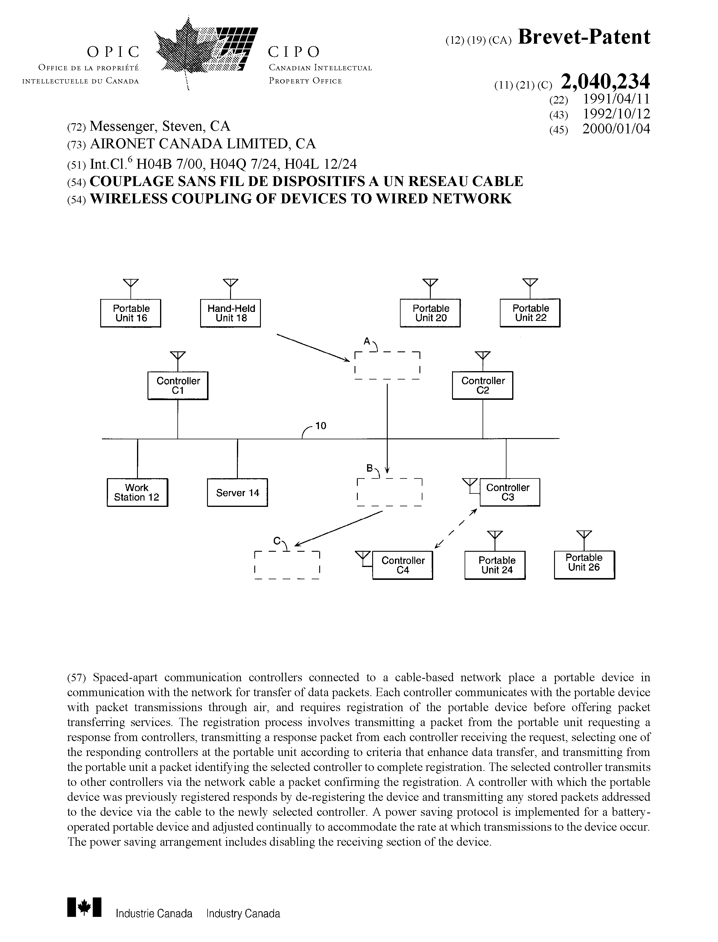 Canadian Patent Document 2040234. Cover Page 19991216. Image 1 of 1