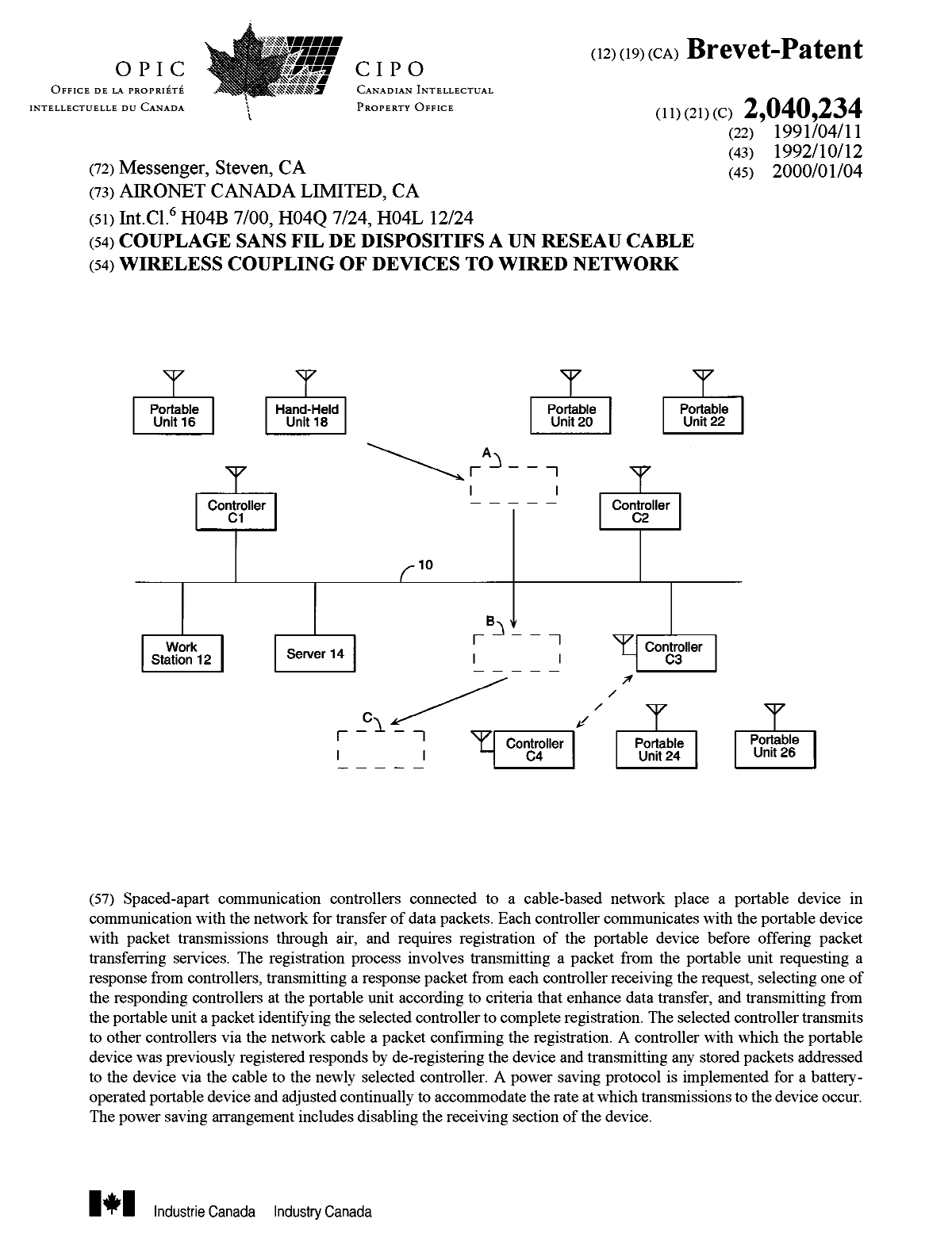 Document de brevet canadien 2040234. Page couverture 19991216. Image 1 de 1