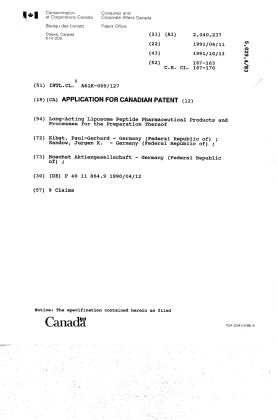 Canadian Patent Document 2040237. Cover Page 19911013. Image 1 of 1