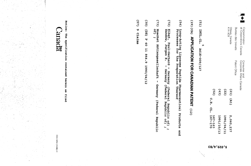 Document de brevet canadien 2040237. Page couverture 19911013. Image 1 de 1