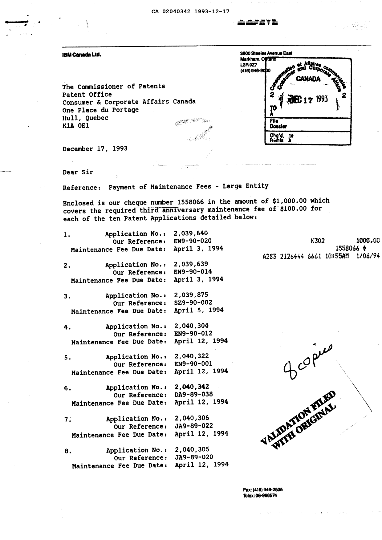 Document de brevet canadien 2040342. Taxes 19931217. Image 1 de 1