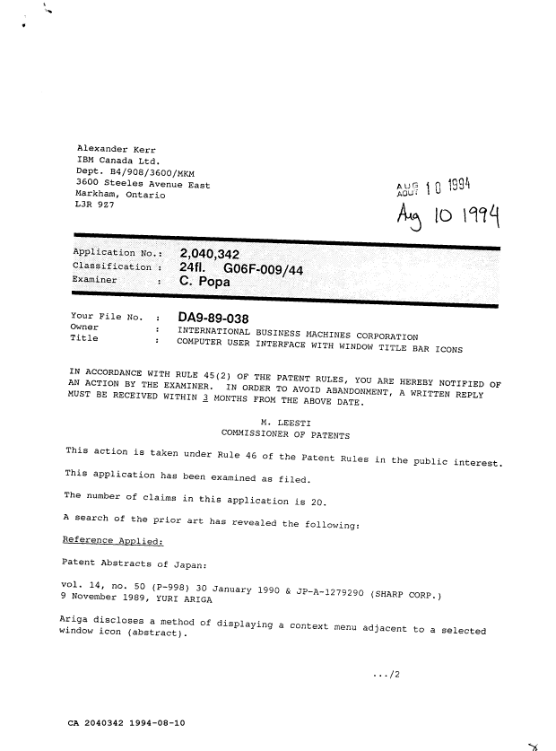 Canadian Patent Document 2040342. Examiner Requisition 19940810. Image 1 of 2