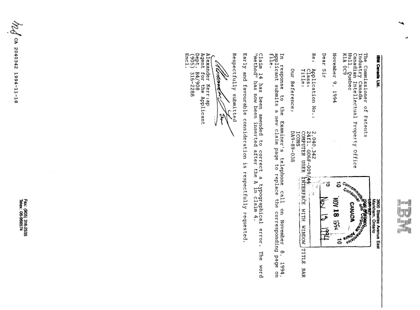 Document de brevet canadien 2040342. Correspondance de la poursuite 19941118. Image 1 de 1