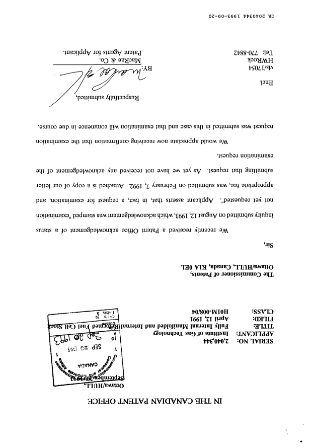 Canadian Patent Document 2040344. Prosecution Correspondence 19930920. Image 1 of 3