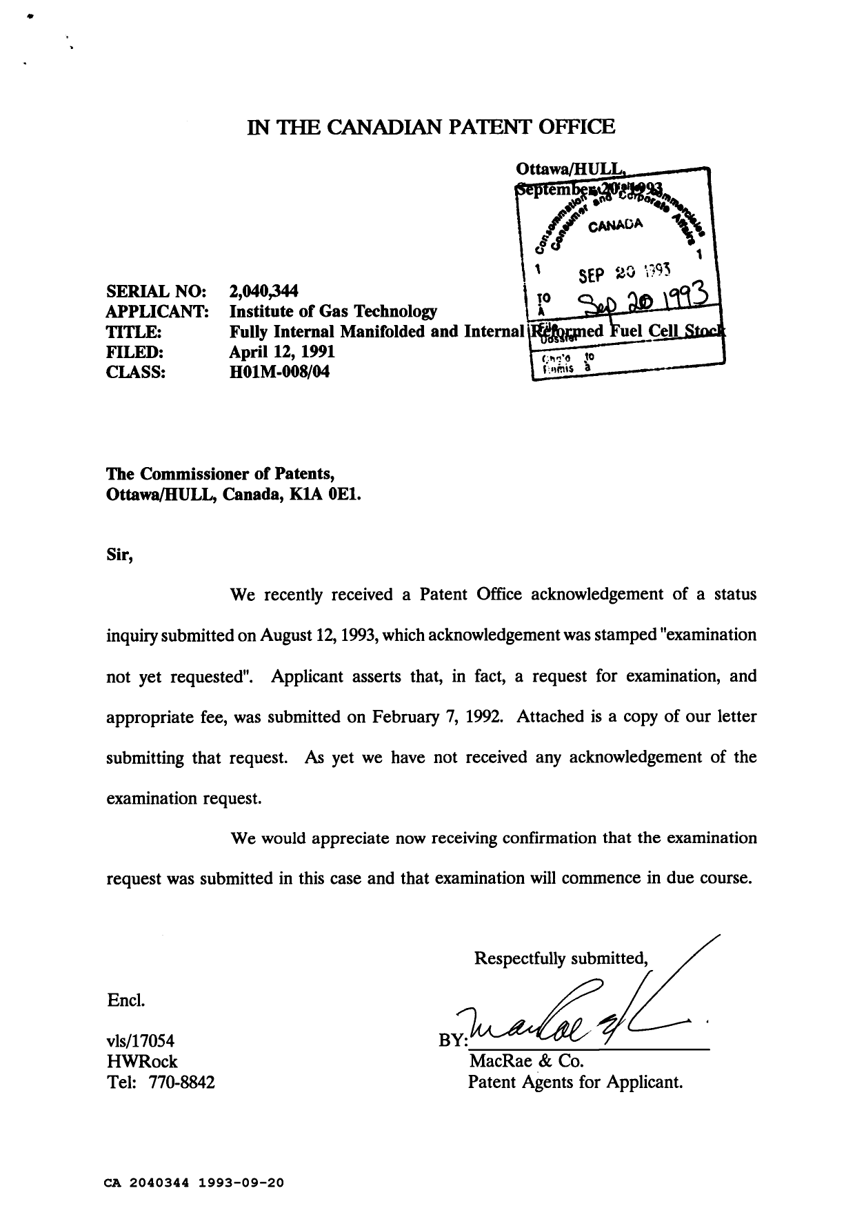 Document de brevet canadien 2040344. Correspondance de la poursuite 19930920. Image 1 de 3