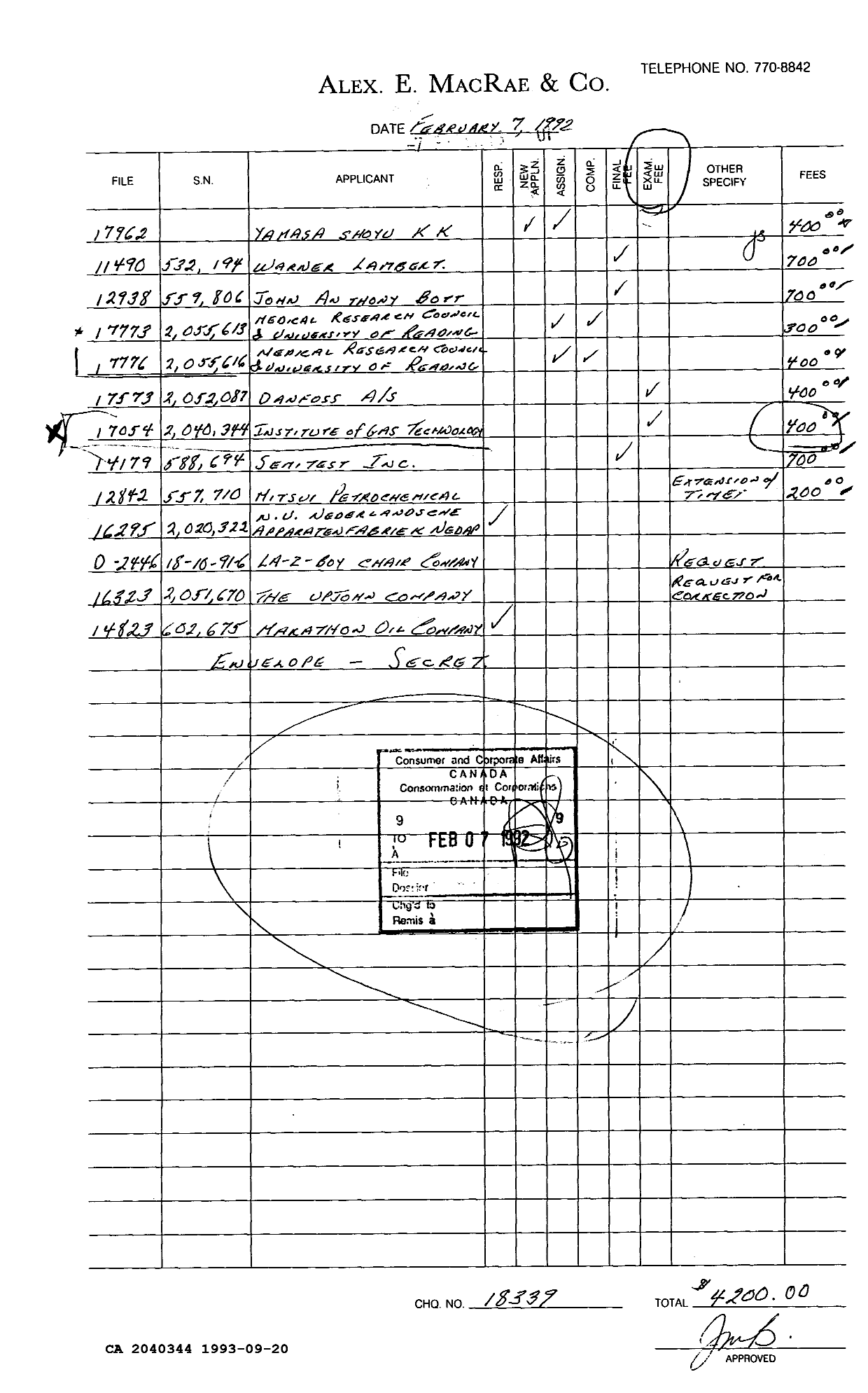Canadian Patent Document 2040344. Prosecution Correspondence 19930920. Image 3 of 3
