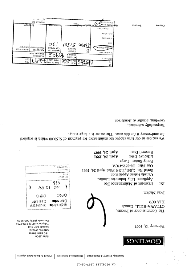 Canadian Patent Document 2041113. Fees 19961212. Image 1 of 1