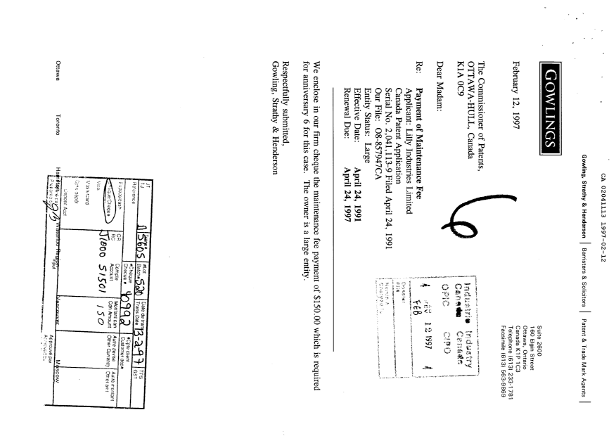 Document de brevet canadien 2041113. Taxes 19961212. Image 1 de 1