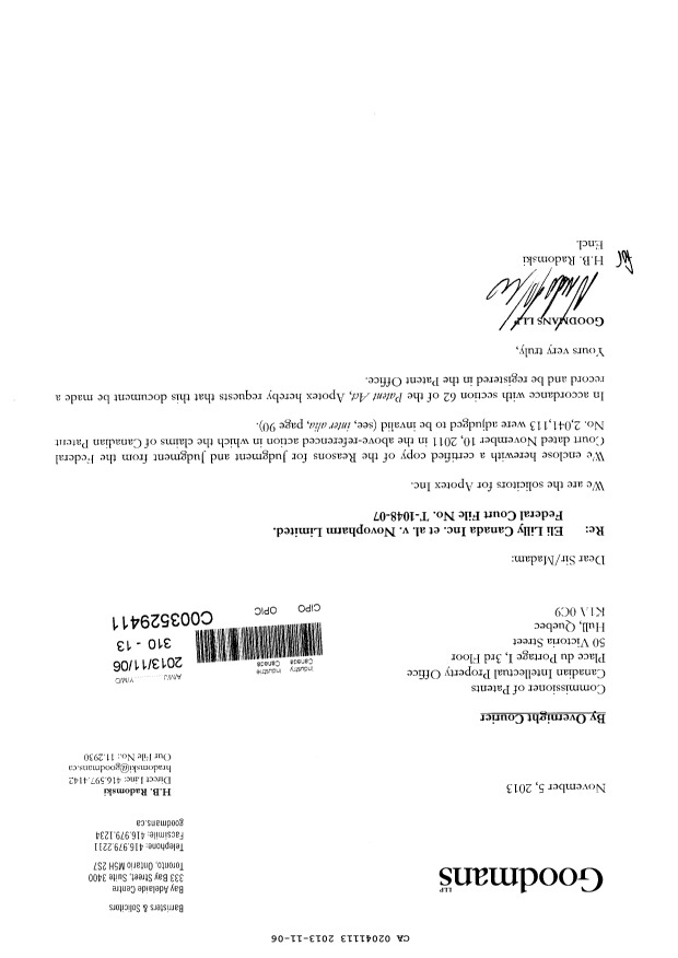 Document de brevet canadien 2041113. Correspondance 20121206. Image 1 de 103