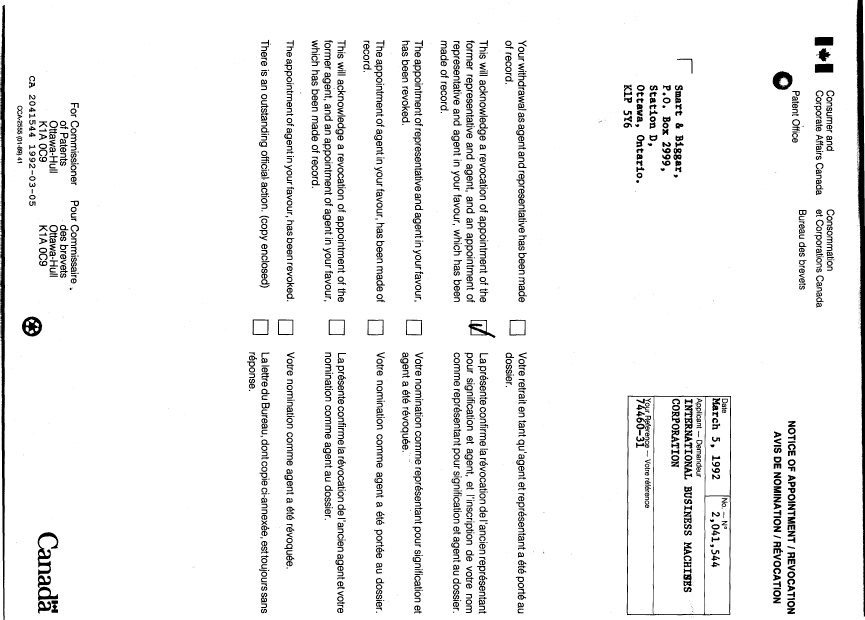 Document de brevet canadien 2041544. Lettre du bureau 19920305. Image 1 de 1