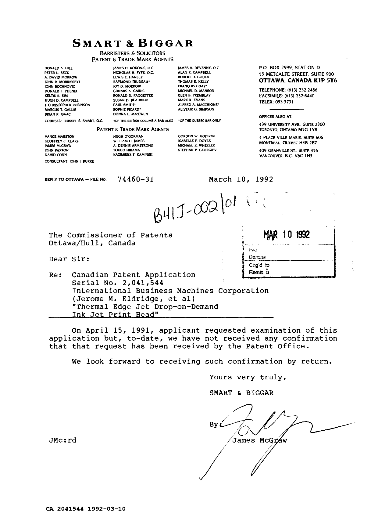 Document de brevet canadien 2041544. Correspondance de la poursuite 19920310. Image 1 de 1