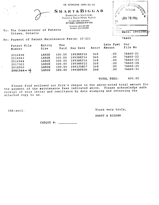 Canadian Patent Document 2041544. Fees 19930122. Image 1 of 1