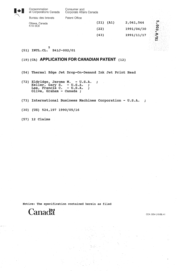 Canadian Patent Document 2041544. Cover Page 19931103. Image 1 of 1
