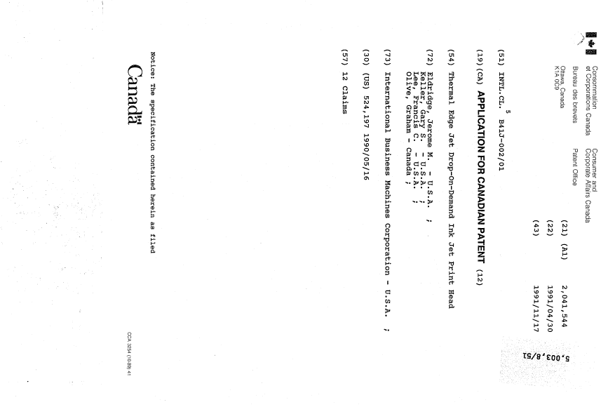 Document de brevet canadien 2041544. Page couverture 19931103. Image 1 de 1